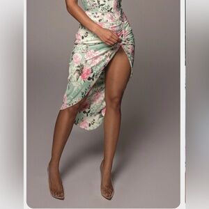 JLUXLABEL Green and Pink Asymmetrical Wrap Midi Skirt size small